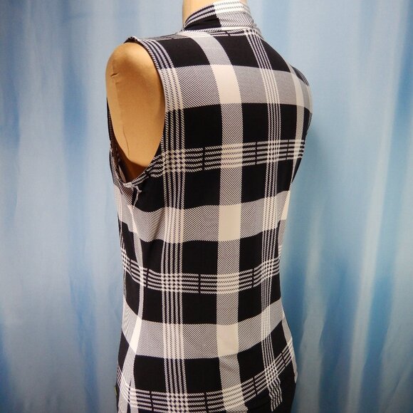 Calvin Klein Black & White Plaid V-Neck Small Sleeveless Career Top EUC - Picture 3 of 12